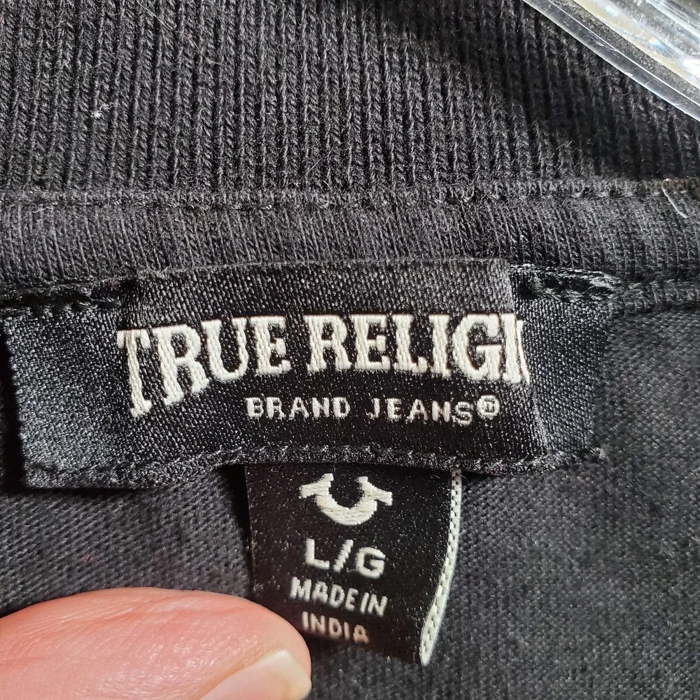 True Religion Polo Shirt Mens L Black Tape Logo 1/4 Zip Short Sleeve Casual Prep